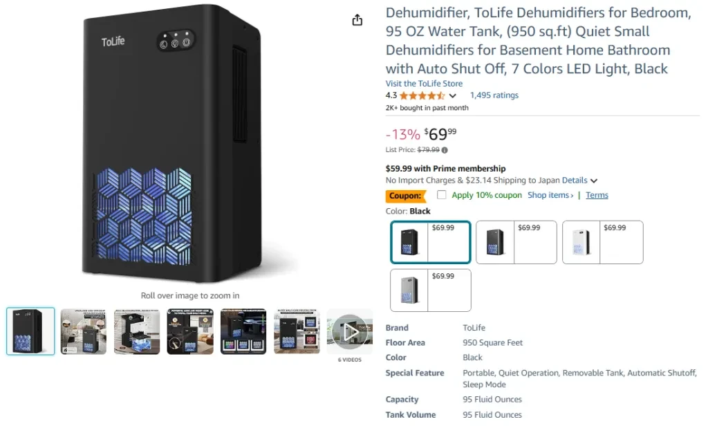 ToLife Dehumidifier with 95 oz Water Tank