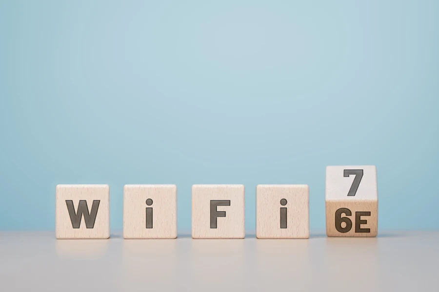 Wi-Fi 6E to Wi-Fi 7 on wooden cube blocks