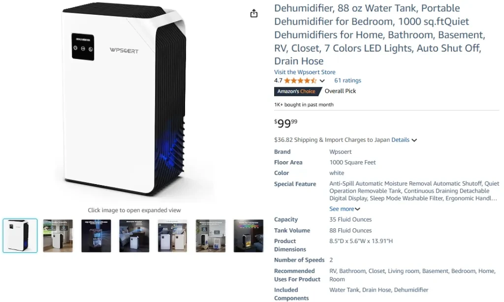 Wpsoert 88 oz Portable Dehumidifier for Bedroom