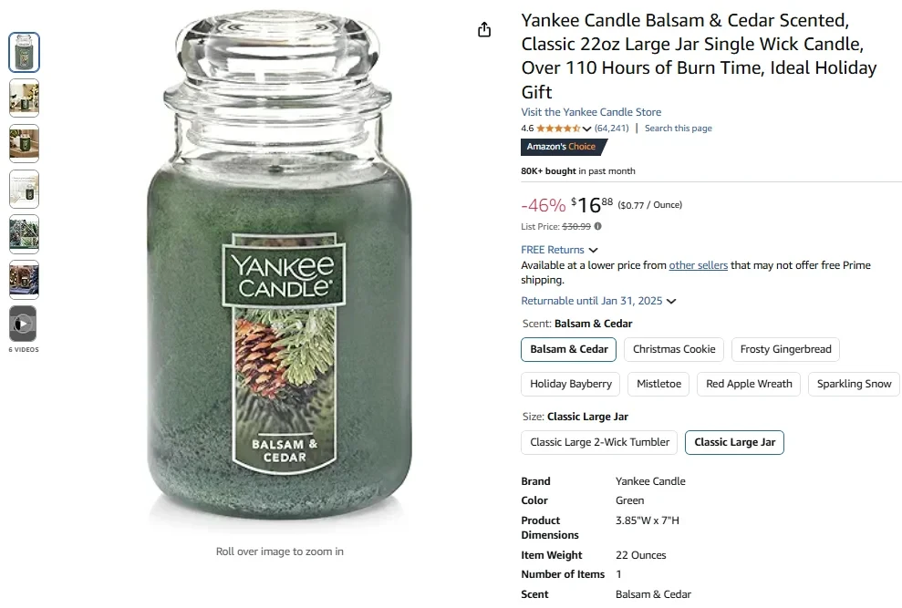 Yankee Candle Balsam & Cedar Scented, Classic Large Jar (22oz)