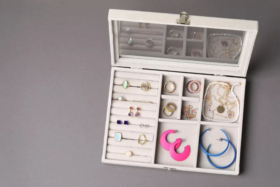 A white jewelry box on a gray background