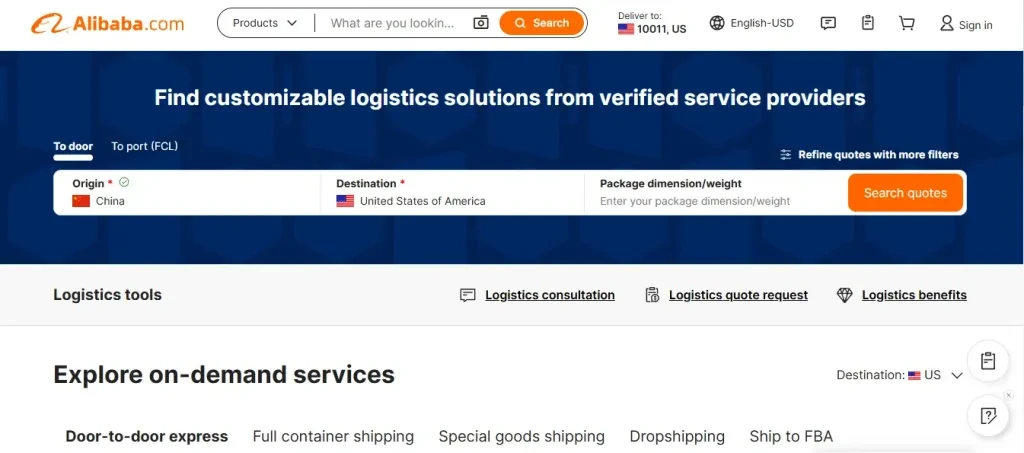 The homepage of Alibaba.com Logistics Marketplace