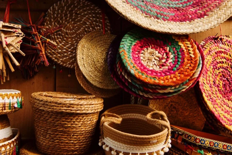 A collection of hand-woven baskets in earthy tones