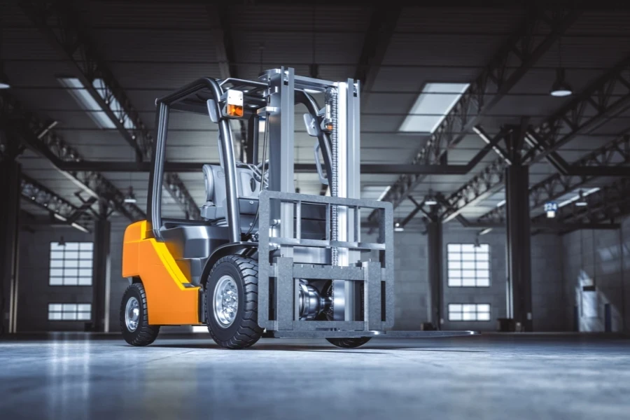 A forklift in an empty warehouse