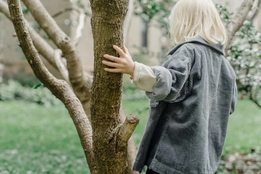 A kid standing while holding a tree