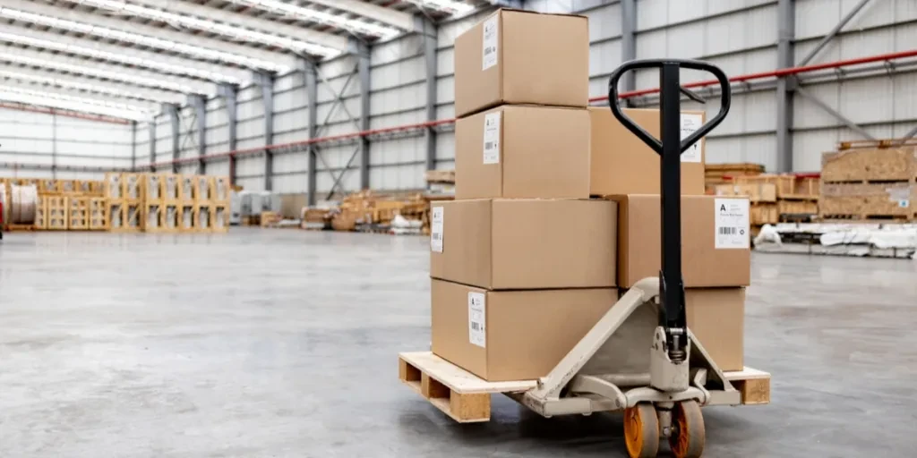 A pallet truck moving boxes at a distribution warehouse