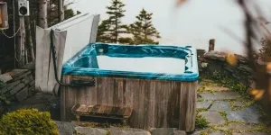 A wooden hot tub outdoors