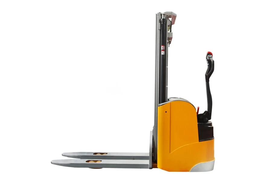 A yellow electric stacker on a white background