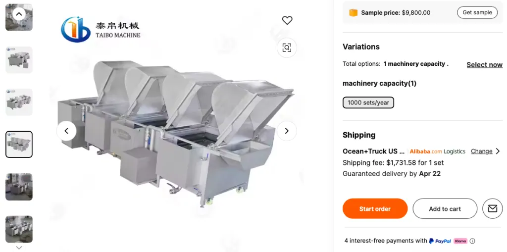 Alibaba.com screenshot of a four-basket fruit and vegetable washer for hotels