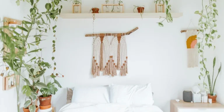 Kamar tidur bergaya boho dengan tanaman hijau
