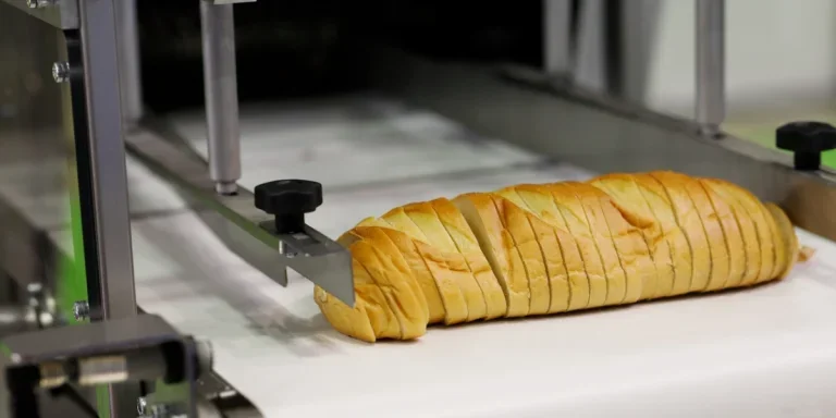 Bread cut with stainless steel in industrial bread slicing machine