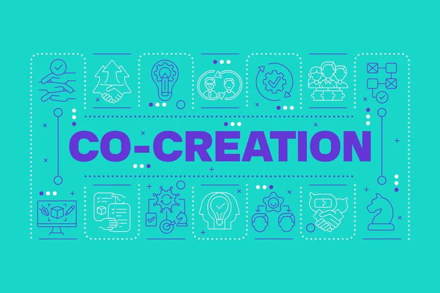 Co-creation teal word concept. Teamwork collaboration. Horizontal vector image. Headline text surrounded by editable outline icons.