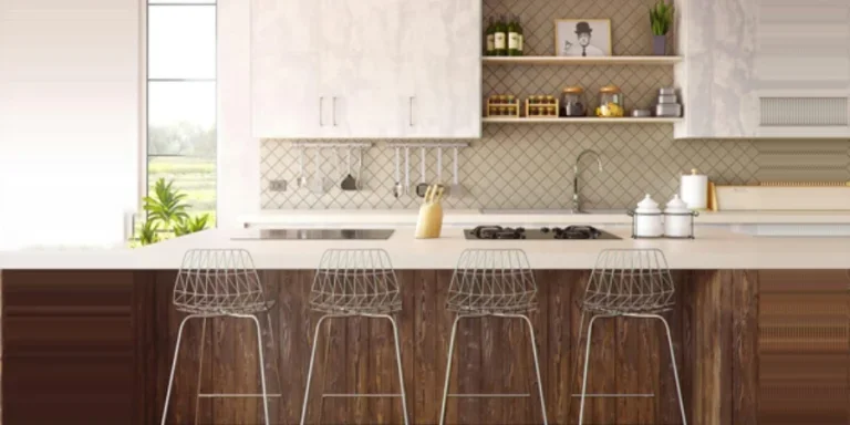 Four Gray Bar Stools in Front of Kitchen Countertop