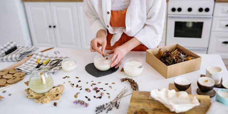 Lady in a white jacket crafting candles using a DIY set