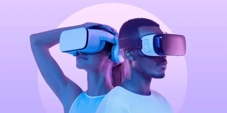 Man and Woman in Virtual Reality Headsets Exploring VR World