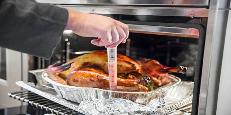 Person using plastic bulb baster on turkey in oven