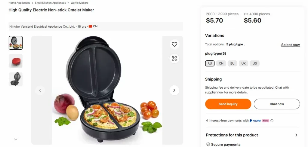 Product Screenshot from Alibaba. Omelet maker filled with eggs and other ingredients