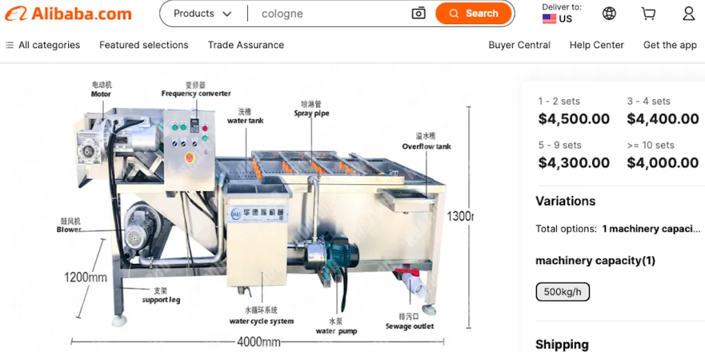 Screenshot of a fruit and vegetable washer on Alibaba.com, showing individual components