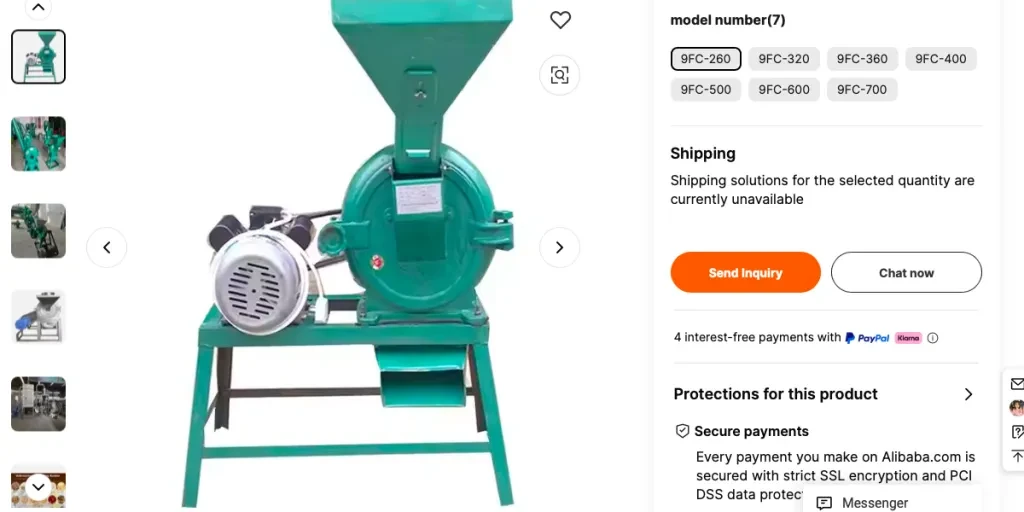 Screenshot of commercial rice and grain grinder as shown on Alibaba.com