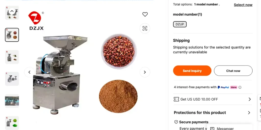 Screenshot of multi-product crusher and grinder as shown on Alibaba.com