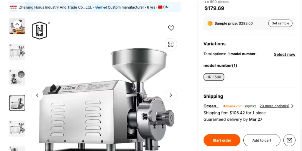 Screenshot of powder grinder and flour mill as shown on Alibaba.com