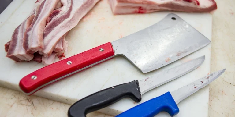 Three knives beside slices of meat on a chopping board