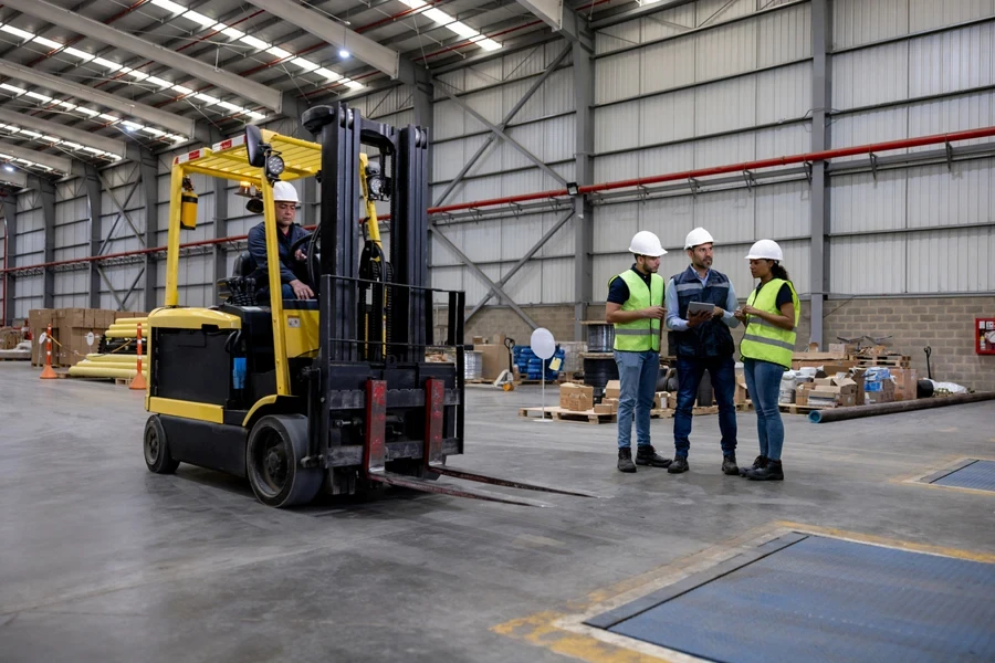 Three operators standing next to a forklift