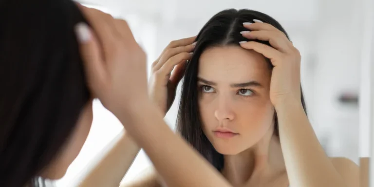 Woman frowning while checking her hair