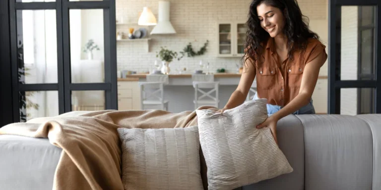 Woman putting a pillow on the sofa