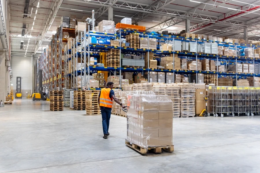 Young warehouse worker pulling a pallet jack