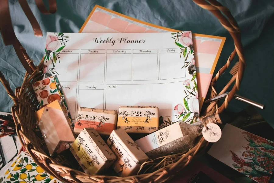 a printed weekly planner in a gifting set