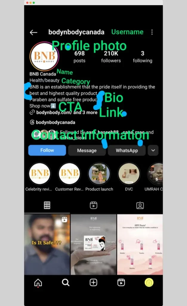 all key elements of an Instagram bio