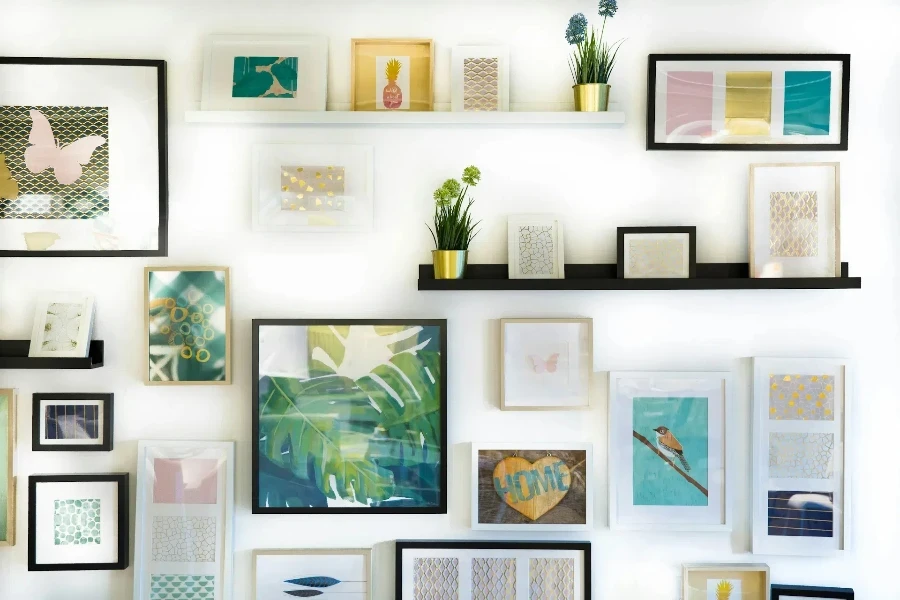 assorted color framed paintings on the wall