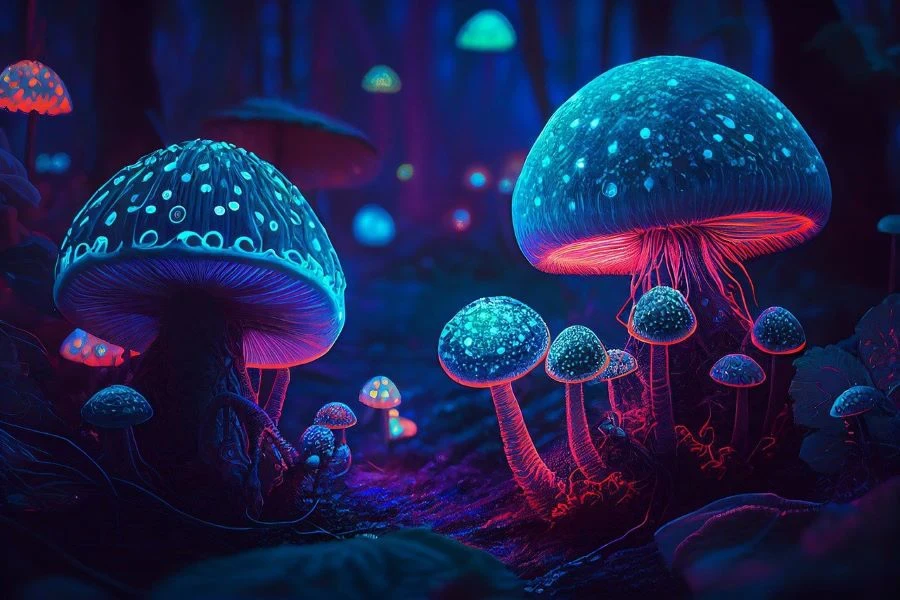 bioluminescence magic mushroom with tech-enhanced colors