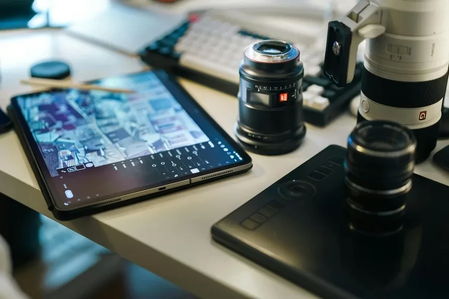 Desk of a professional photographer with special equipment