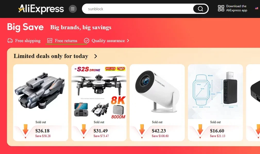 Free returns available for products across categories and special promos