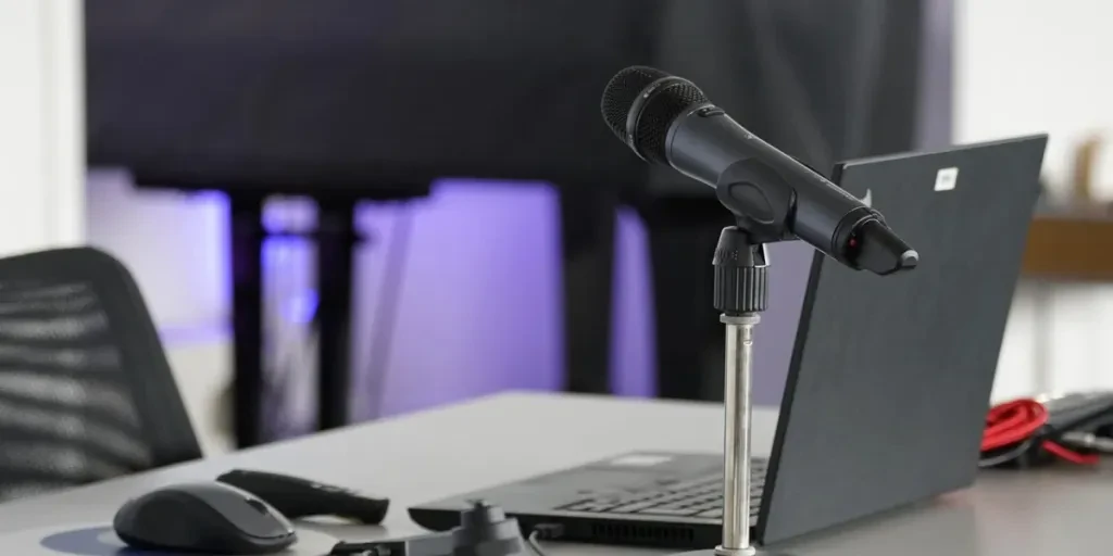 Laptop accessories and mic placed on a table