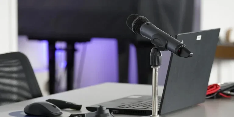 Laptop accessories and mic placed on a table