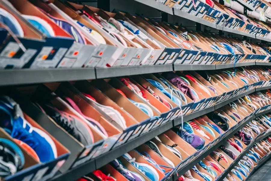 shoes in boxes placed on shelves