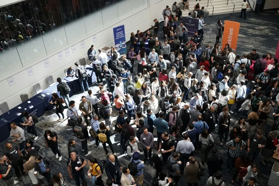 Top shot of trade show crowded with people