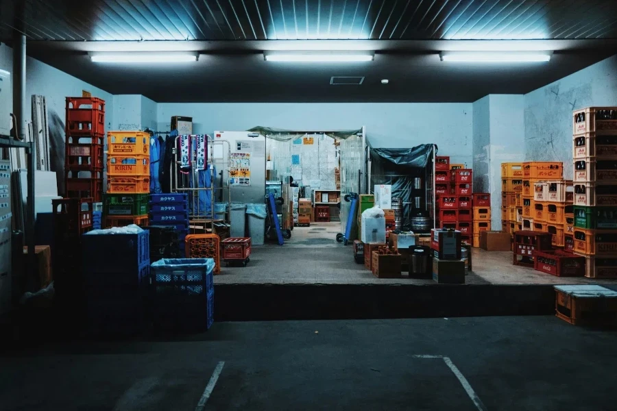 Warehouse packed with products and stored items