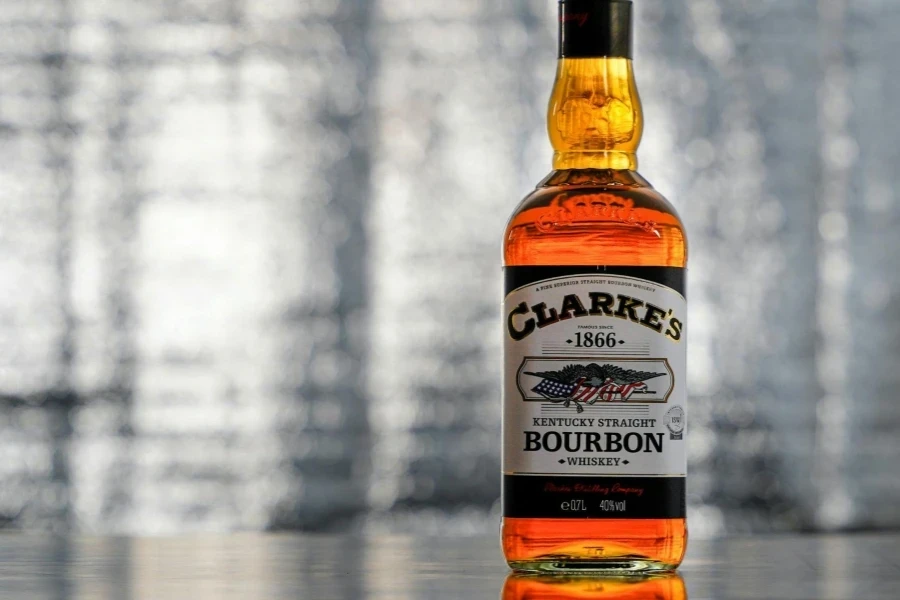 A Product Photography of Clarke's Bourbon Whiskey in Close-up Shot