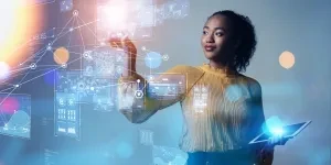A businesswoman choosing from different options