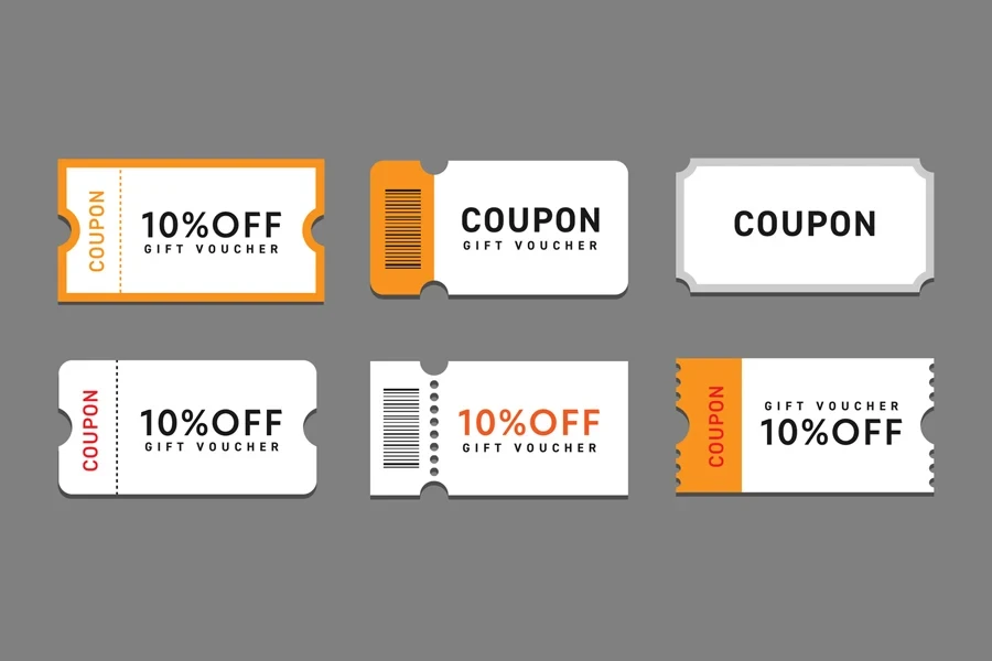A group of coupons on a grey background