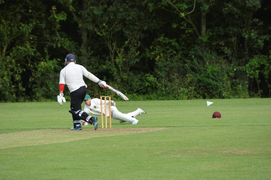 A group of people playing cricket