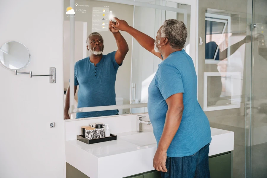 A man using AI technology on a digital mirror