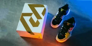 A pair of shoes next to a box