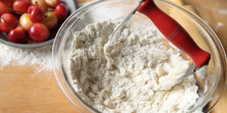 A pastry blender in a bowl of flour