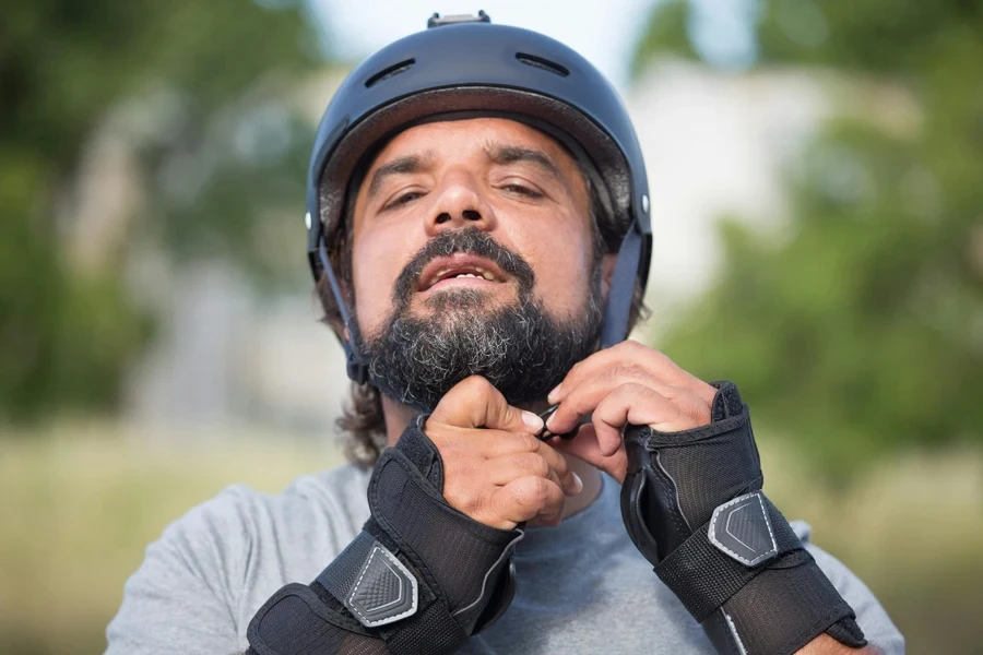 A person wearing a helmet and gloves