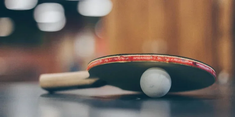 A ping pong paddle and ball